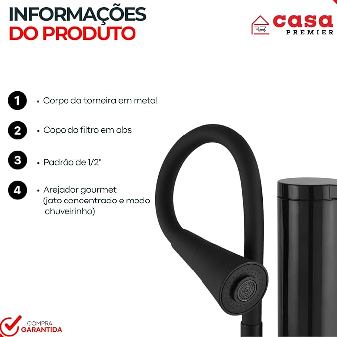 Torneira Pia Cozinha Preta Parede com Filtro Gourmet 2 Jatos ABS 4