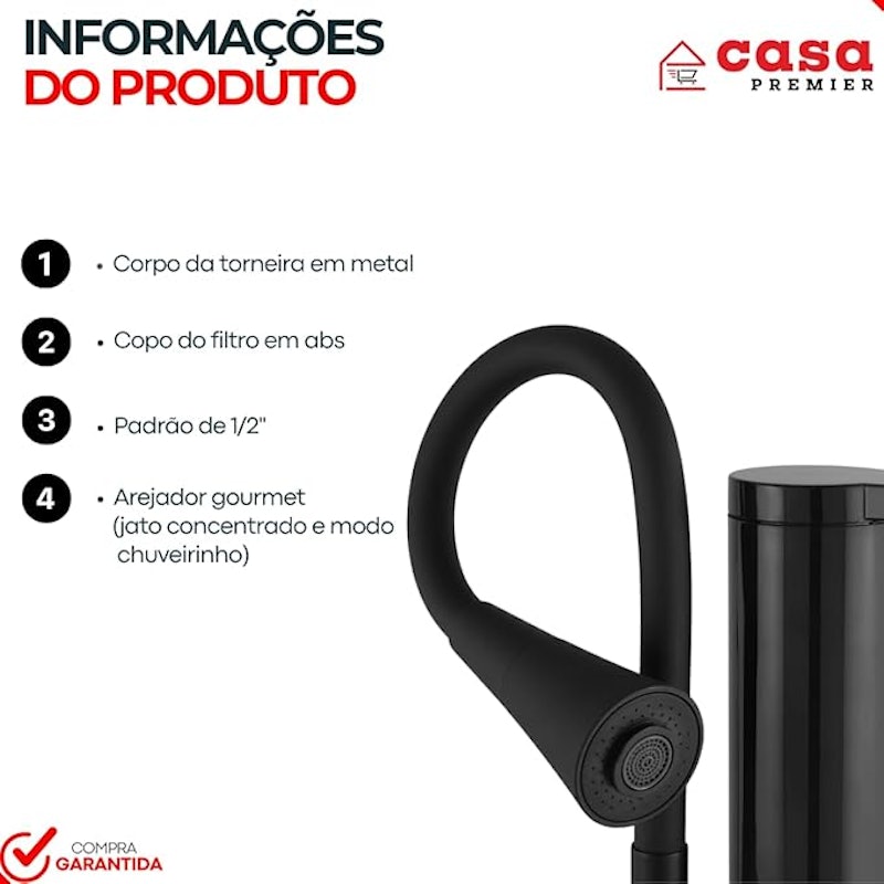 Torneira Pia Cozinha Preta Parede com Filtro Gourmet 2 Jatos ABS 4