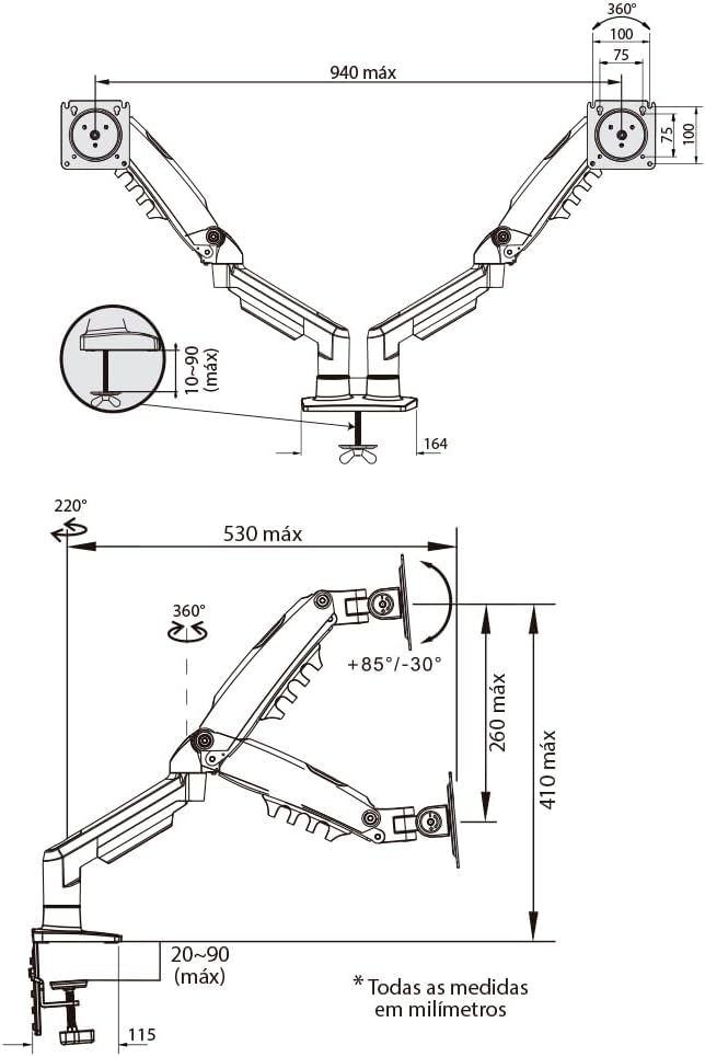 Suporte Ergonômico Articulado de Mesa com Pistão a Gás para 2 Monitores de 17” a 35” Elg 5