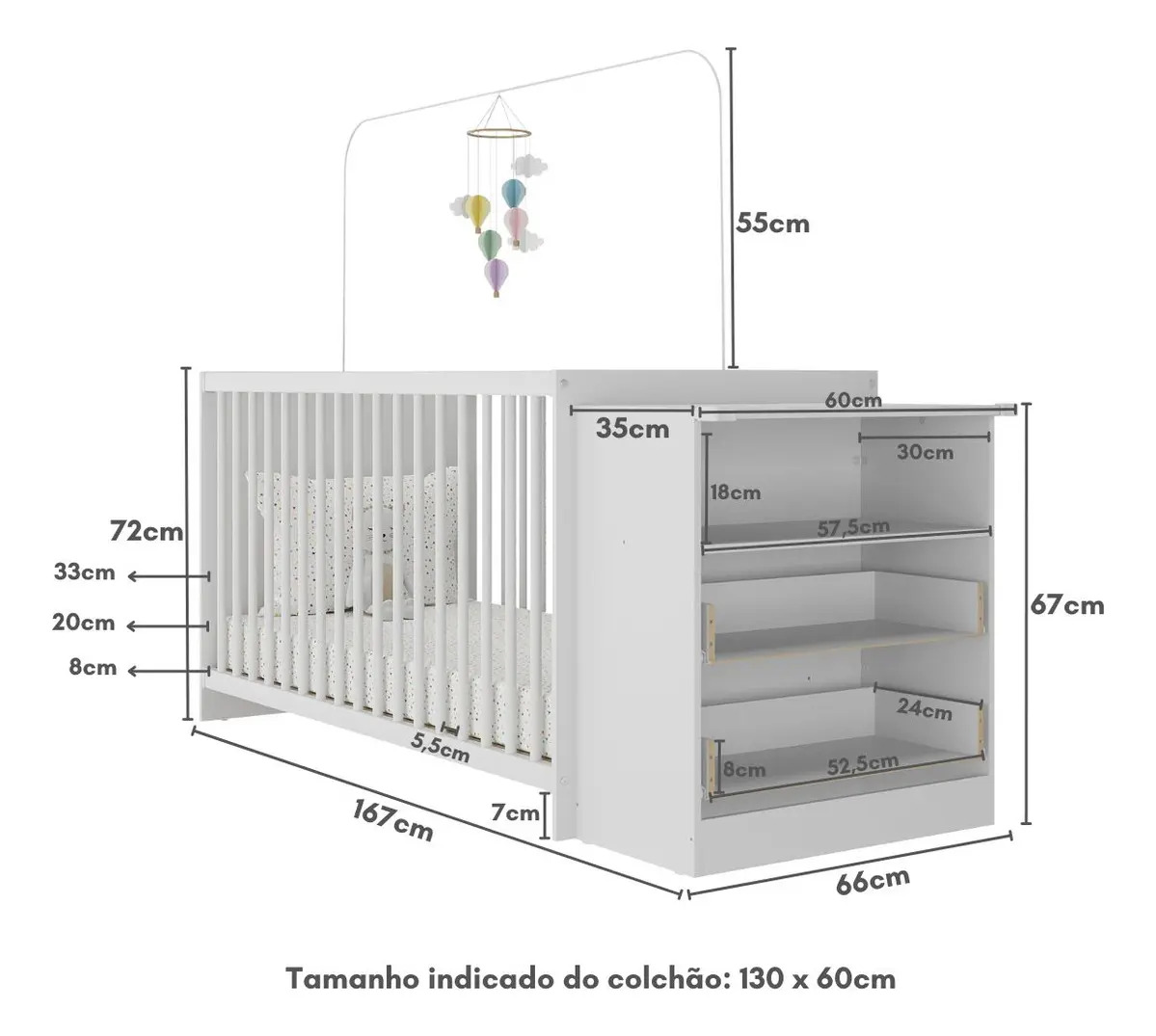 Berço Cômoda para Colchão 60 x 130 cm Beijinho Multimóveis 5