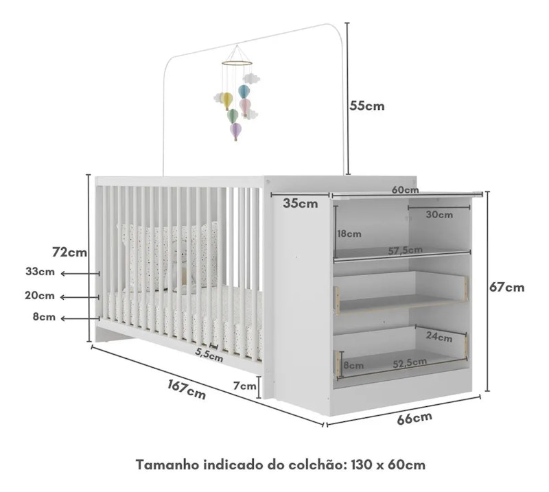 Berço Cômoda para Colchão 60 x 130 cm Beijinho Multimóveis 5