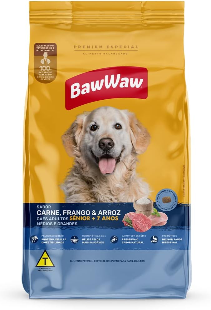 Ração Baw Waw para Cães Adultos Sênior Médios e Grandes Sabor Carne, Frango e Arroz 1