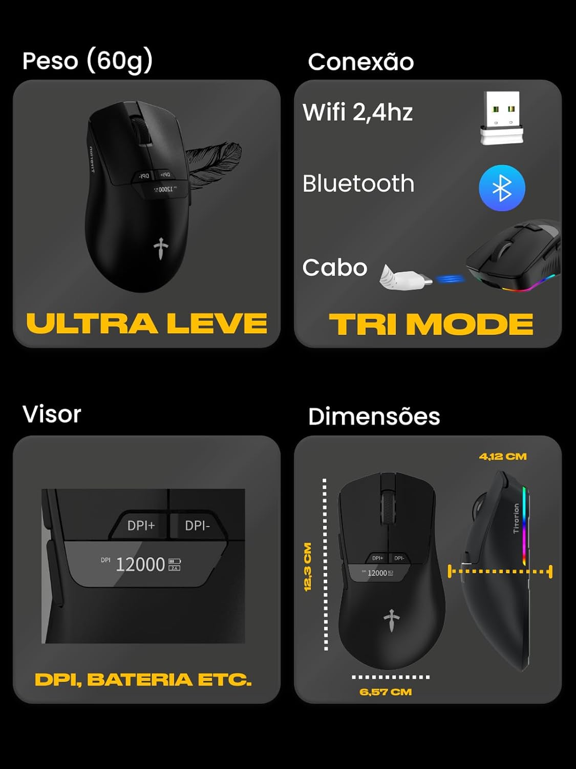 Mouse sem Fio Gamer 12000 DPI Sensor Pixart 3311 Titorion 4