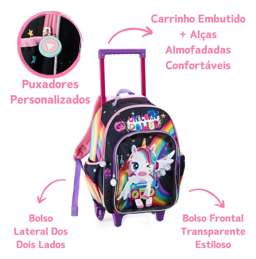 Mochila Infantil Feminina 16″ com Rodas + Lancheira + Estojo 2