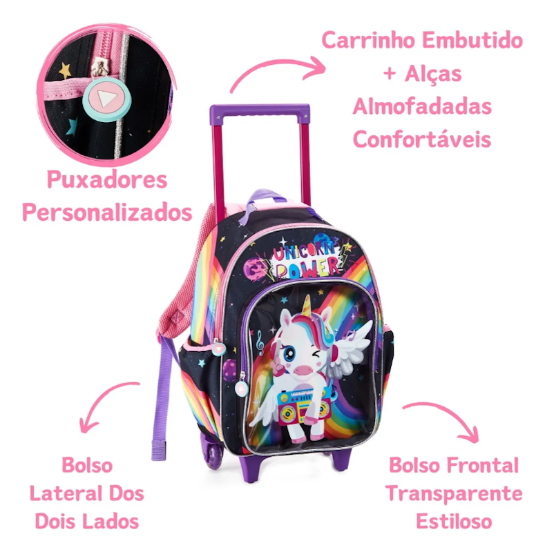 Mochila Infantil Feminina 16″ com Rodas + Lancheira + Estojo 2