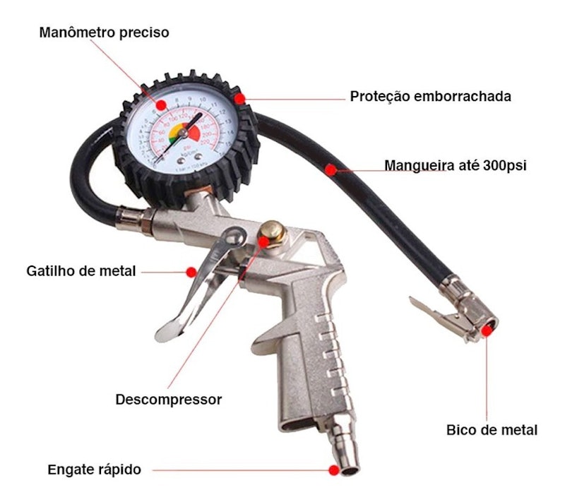Bico Pistola de Ar Lorben Calibrador de Pneu Manômetro Engate Rápido 3
