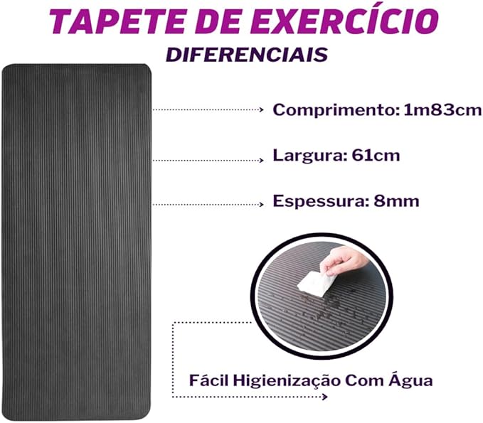 Tapete de Yoga e Exercício Confort Preto em NBR e Bolsa 3