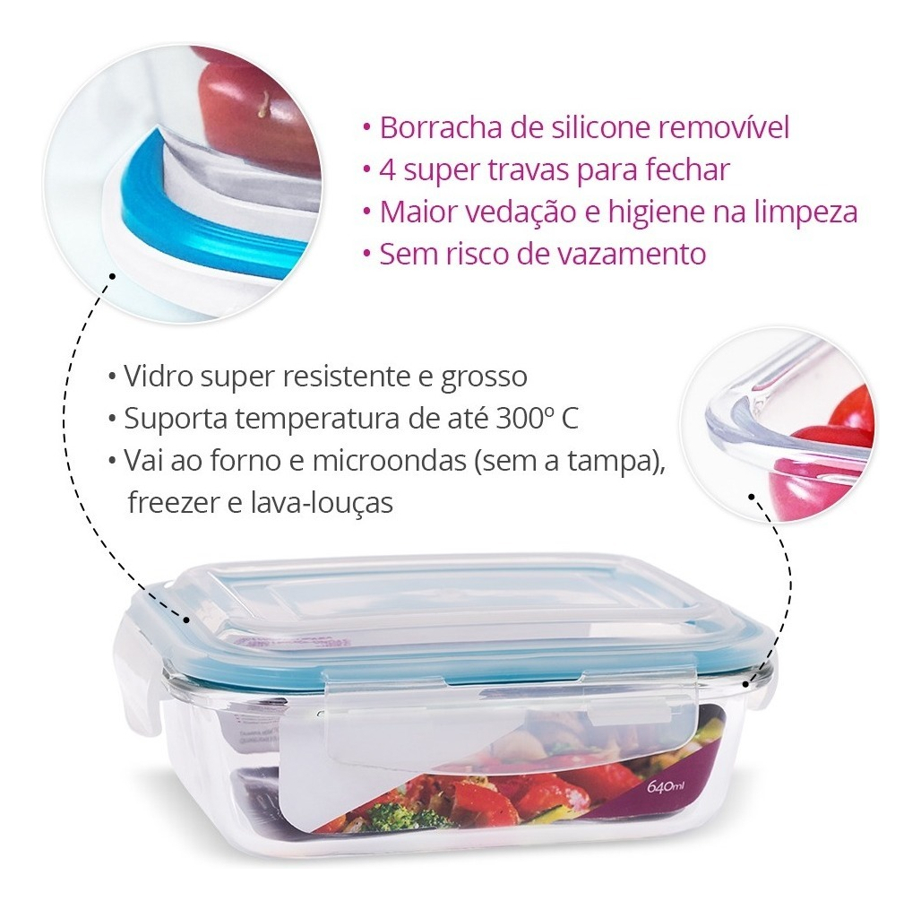 Kit 4 Potes de Vidro Retangular com Tampa Hermética 640 ml 2