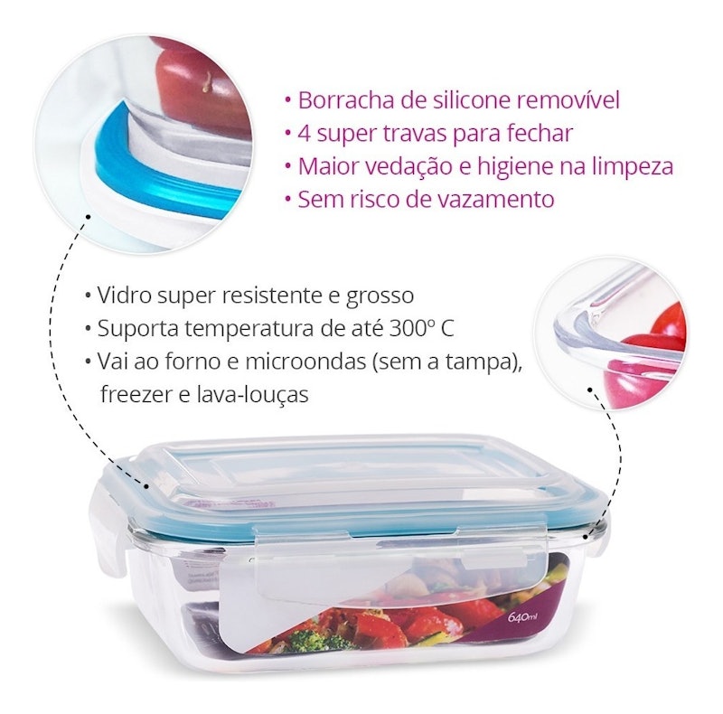 Kit 4 Potes de Vidro Retangular com Tampa Hermética 640 ml 2