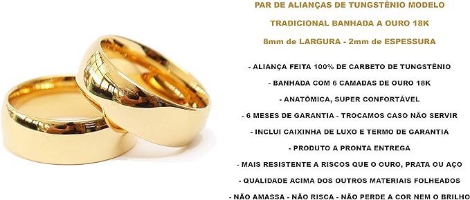 Par de Alianças Ouro 18 K Tradicional Banhada 8 mm 3