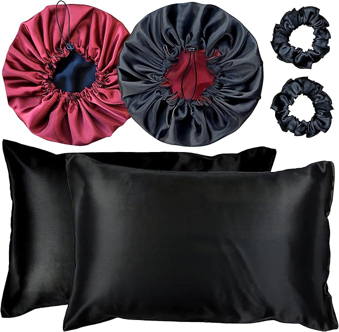 Kit 2 Fronhas de Cetim Seda + 2 Toucas + 2 Xuxinhas 5