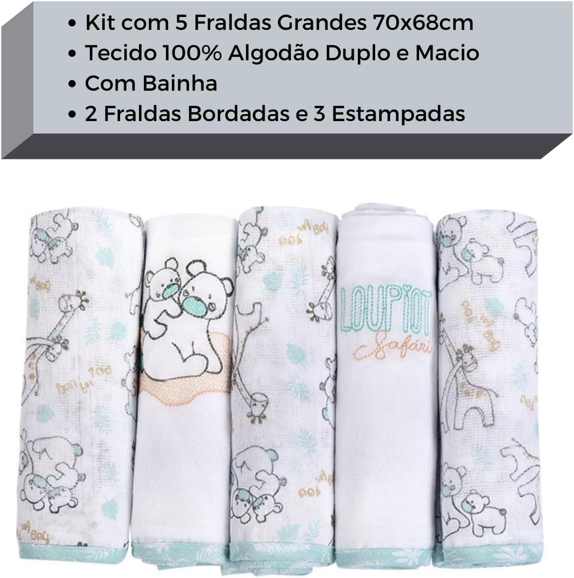 Kit Fralda de Pano para Bebê com Bainha 100% Algodão Premium Loupiot Minasrey 3