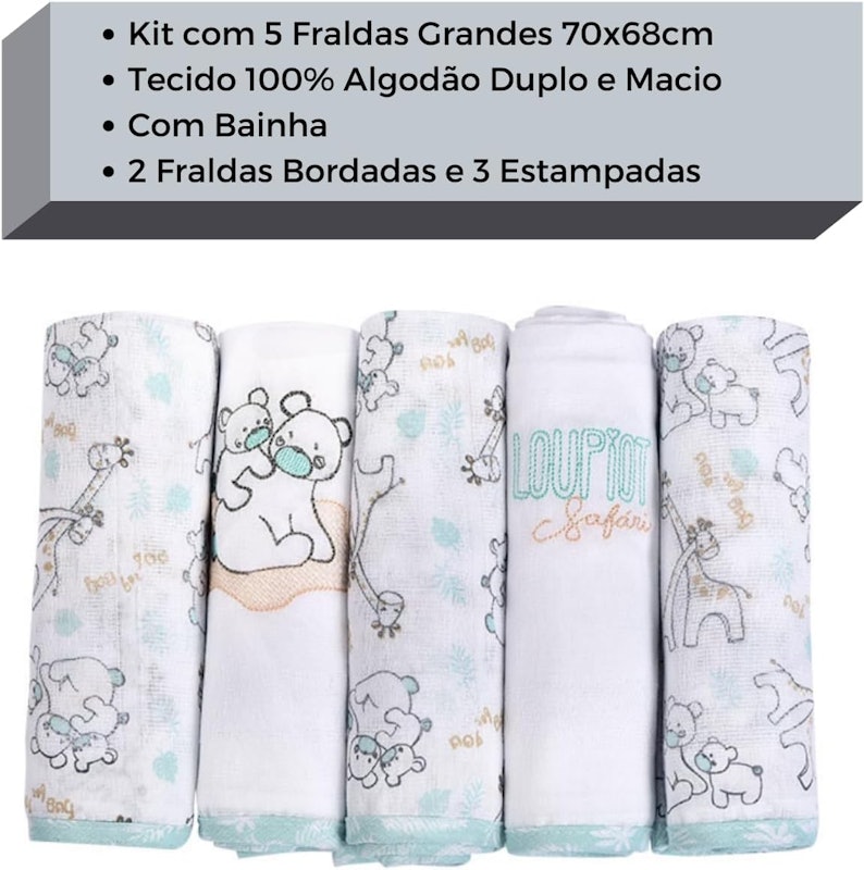Kit Fralda de Pano para Bebê com Bainha 100% Algodão Premium Loupiot Minasrey 3