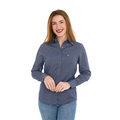 Camisa Social Feminina Olimpo Maquinetada Manga Longa Azul