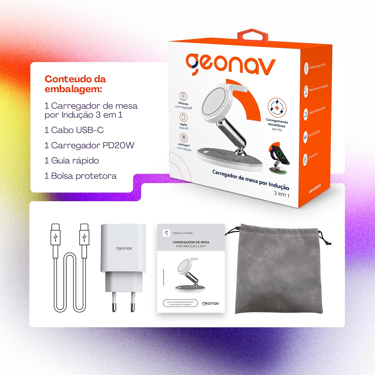Carregador de Mesa 3 em 1 por Indução Geonav 5