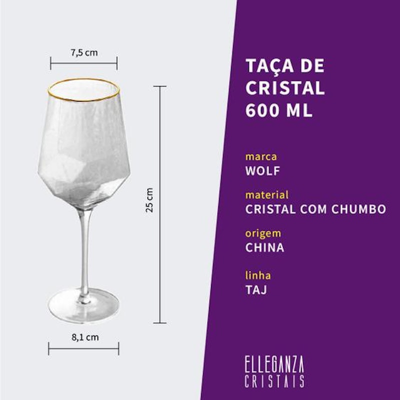 Conjunto 2 Taças de Vinho de Cristal com Fio de Ouro Taj 600 ml 4