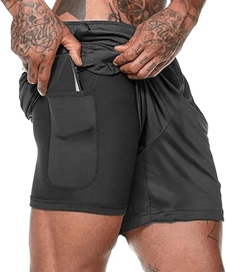 Kit 3 Shorts Masculinos 2 em 1 com Bermuda para Treino e Bolso Interno 2