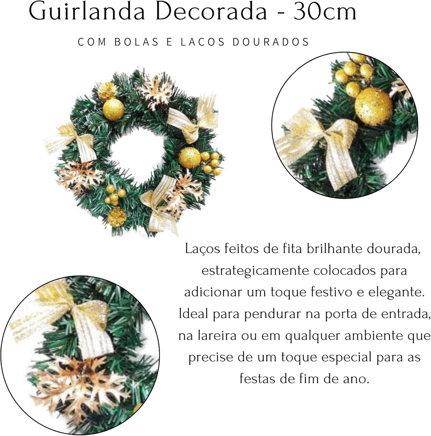 Guirlanda de Natal Verde com Enfeites Dourados 3