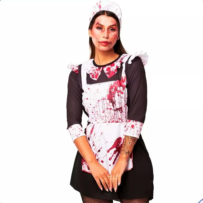 Fantasia Feminina Halloween de Terror com Sangue Vestido Empregada Assassina 3