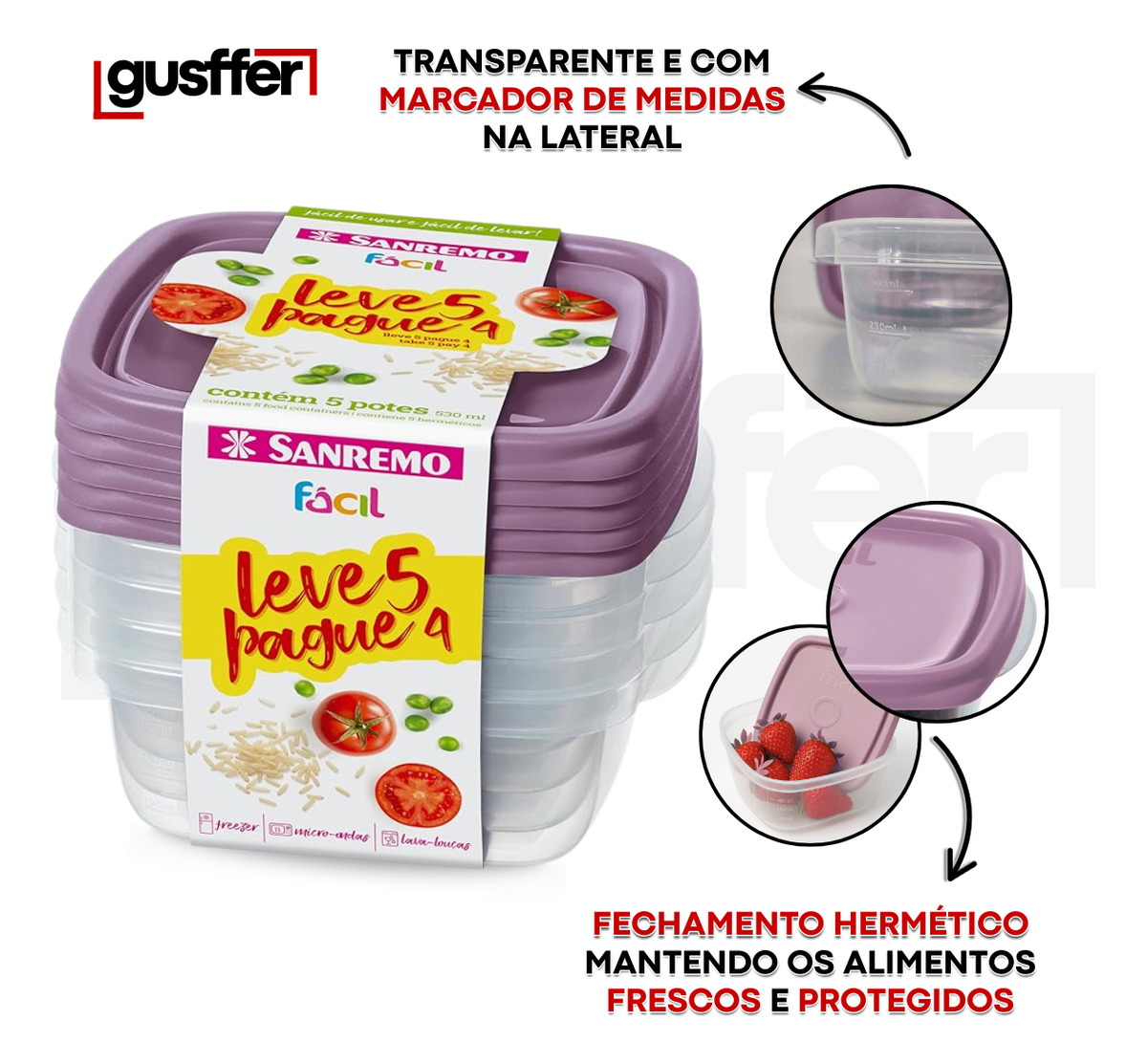 Conjunto de 5 Potes Plástico Hermético de 530 ml 3