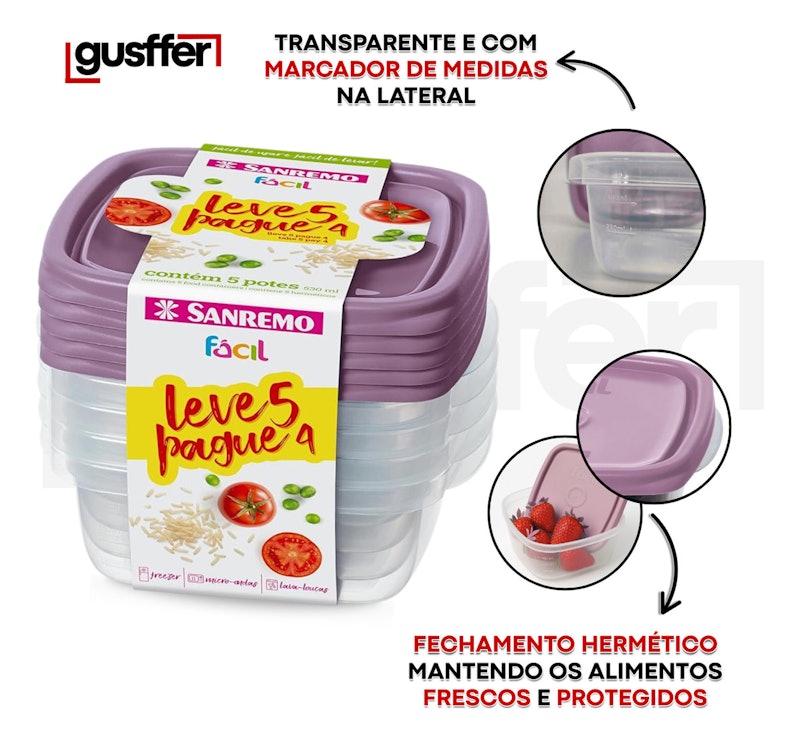 Conjunto de 5 Potes Plástico Hermético de 530 ml 3