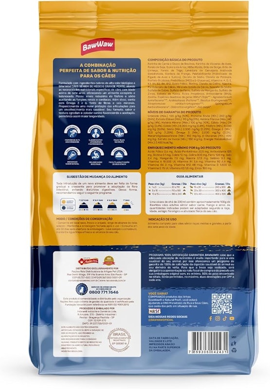 Ração Baw Waw para Cães Adultos Sênior Médios e Grandes Sabor Carne, Frango e Arroz 2