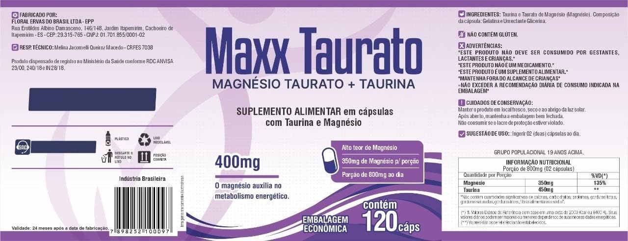 Maxx Taurato 120 Cápsulas Magnésio Taurina 2
