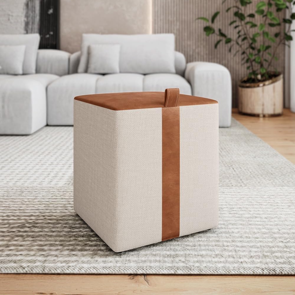 Kit 2 Puff Quadrado Closet em Couro Caramelo Linho Premium 3