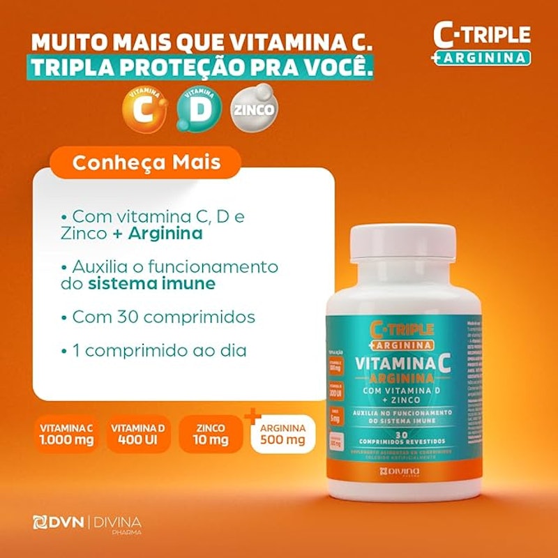 C-Triple + Arginina - Vit C 500mg + Zinco 5mg + Vit D 200UI + Arginina 500mg 3