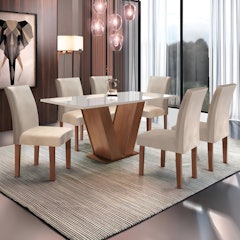 Conjunto Sala de Jantar Mesa Tampo de Vidro 6 Cadeiras Espanha