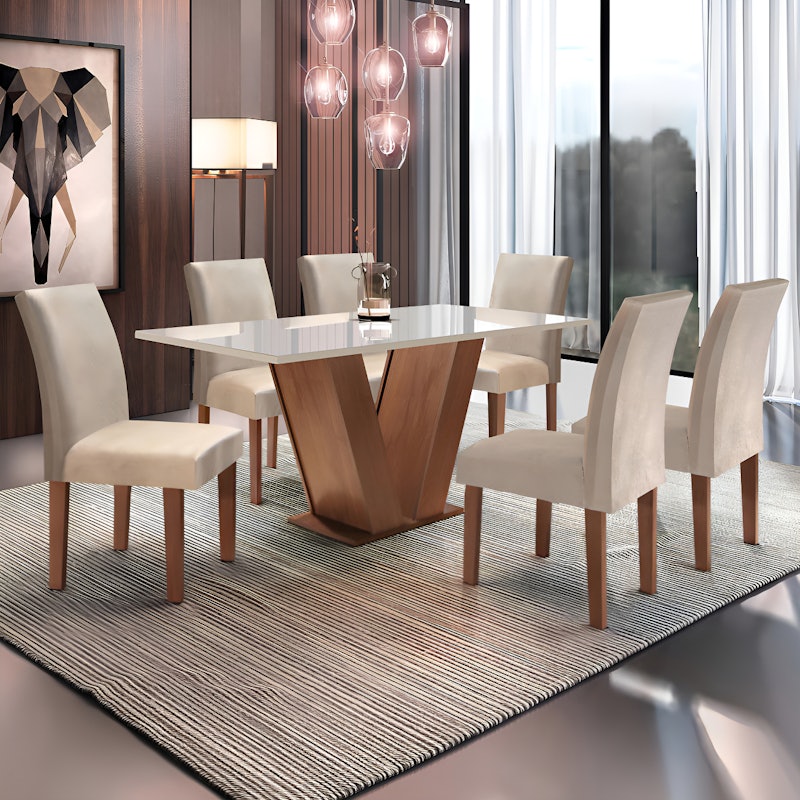 Conjunto Sala de Jantar Mesa Tampo de Vidro 6 Cadeiras Espanha 1
