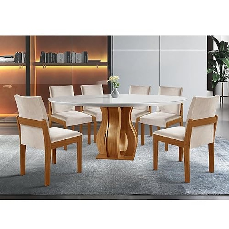 Conjunto Sala de Jantar Mesa Nuance Redonda Tampo Vidro com 6 Cadeiras Mônaco 2