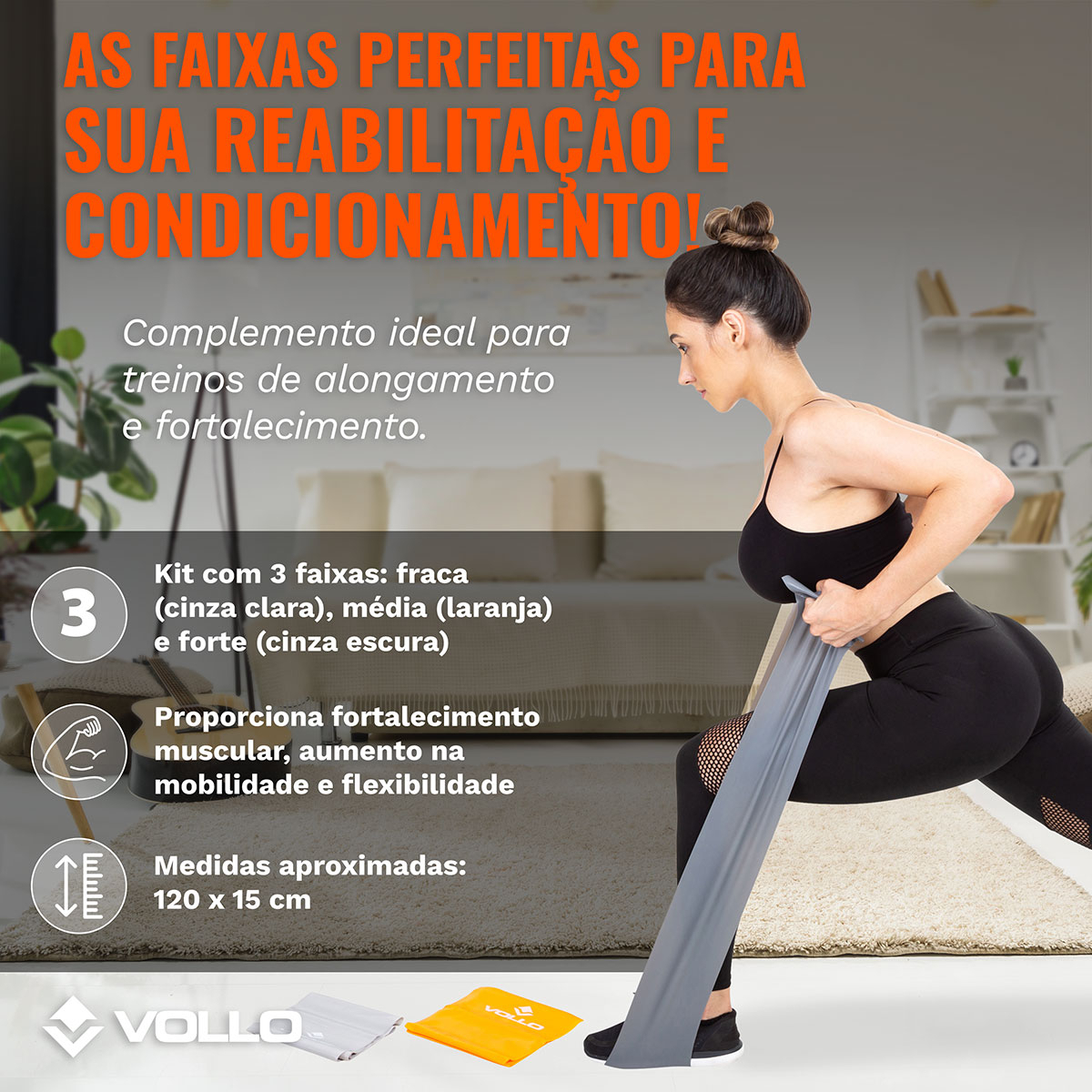 Kit Faixas Elásticas Bands 3 Intensidades Vollo 2