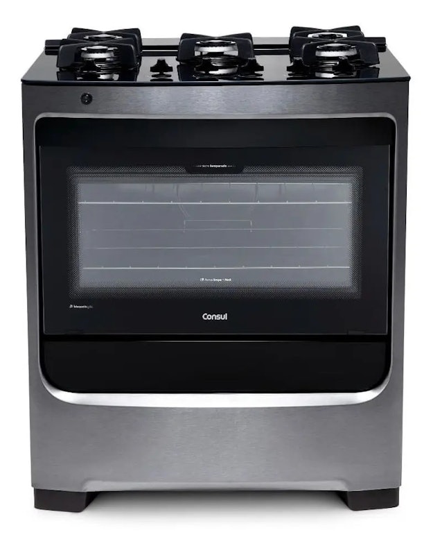 Fogão Consul 5 Bocas Cor Inox com Mesa de Vidro e Grade de Ferro Fundido 1