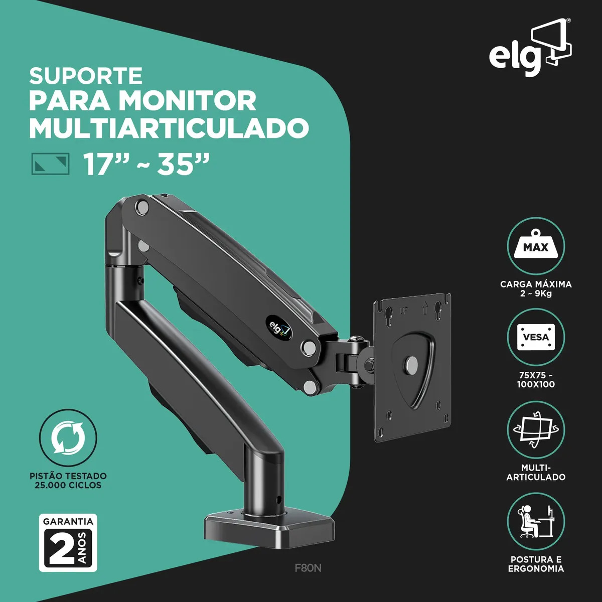 Suporte Ergonômico de Mesa para Monitor 17" a 35", Pistão a Gás, Suporte até 9 kg, VESA 75-100 Elg 2