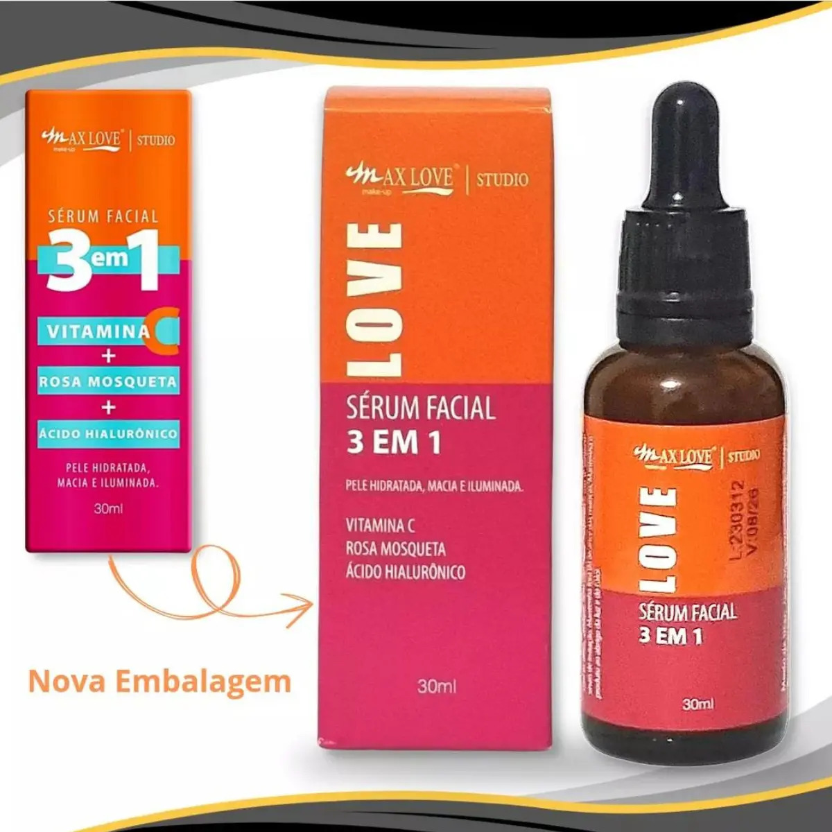 Serum Facial 3 em 1 Vitamina + C Rosa Mosqueta + Ácido Hialurônico 3
