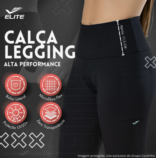 Calça Legging Fitness Cós Alto Uv 50 Elite 2