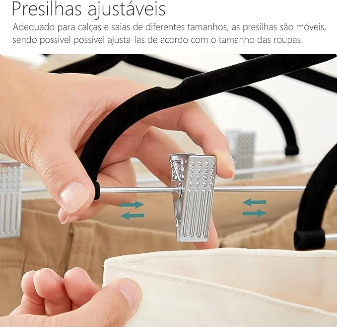 Kit 10 Cabides de Veludo Slim Antideslizantes com 2 Presilhas em Aço 2