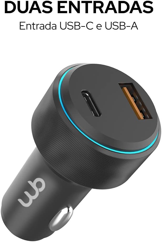 Carregador USB-C e USB-A Rápido Veicular com Duas Entradas 48 W 3
