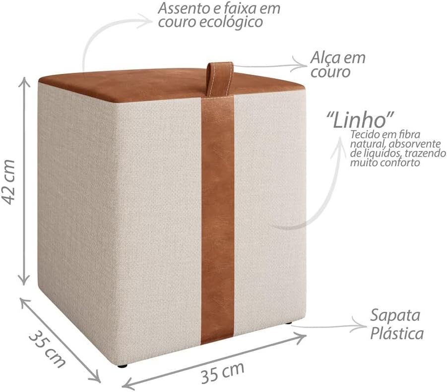 Kit 2 Puff Quadrado Closet em Couro Caramelo Linho Premium 2