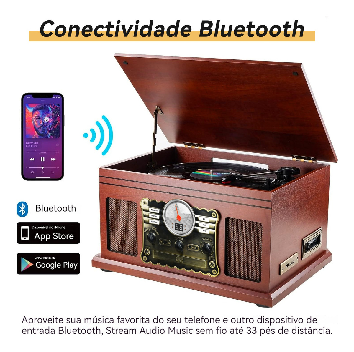Toca-Discos 10 em 1 com Bluetooth 3