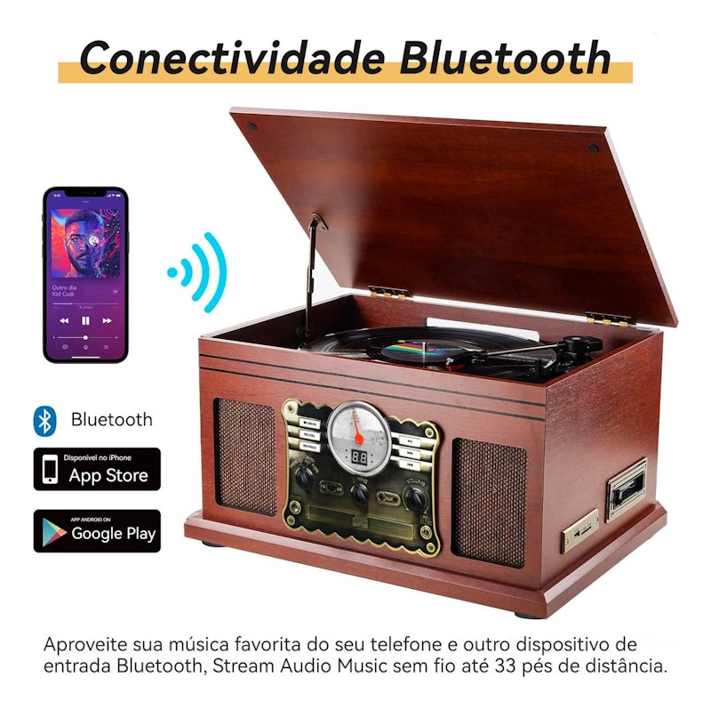 Toca-Discos 10 em 1 com Bluetooth 3