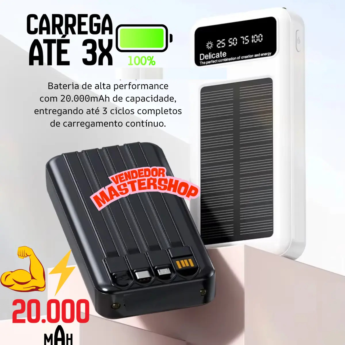 Carregador Portátil Power Bank Solar 20.000 mAh 5