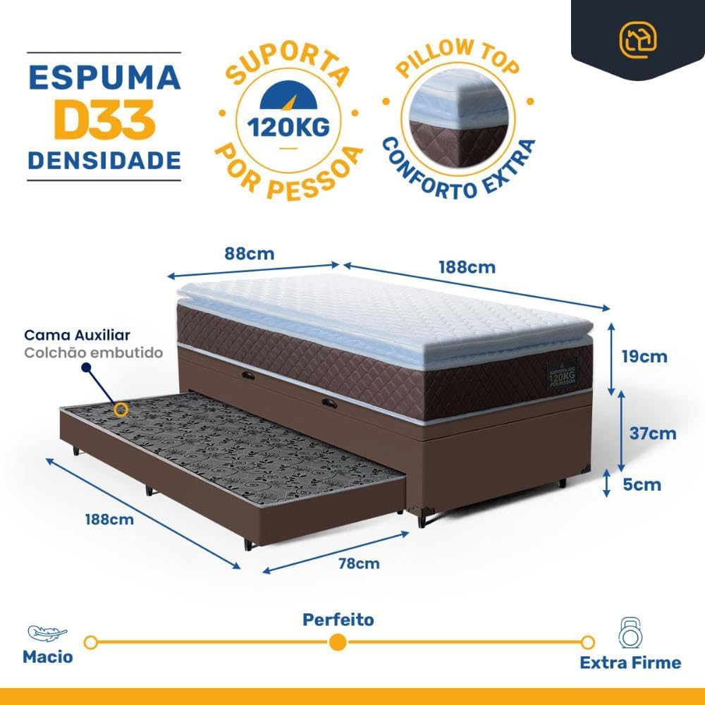 Bicama Box Baú com Colchão Espuma D33 Pillow Top Comfort Luxo + Auxiliar 2