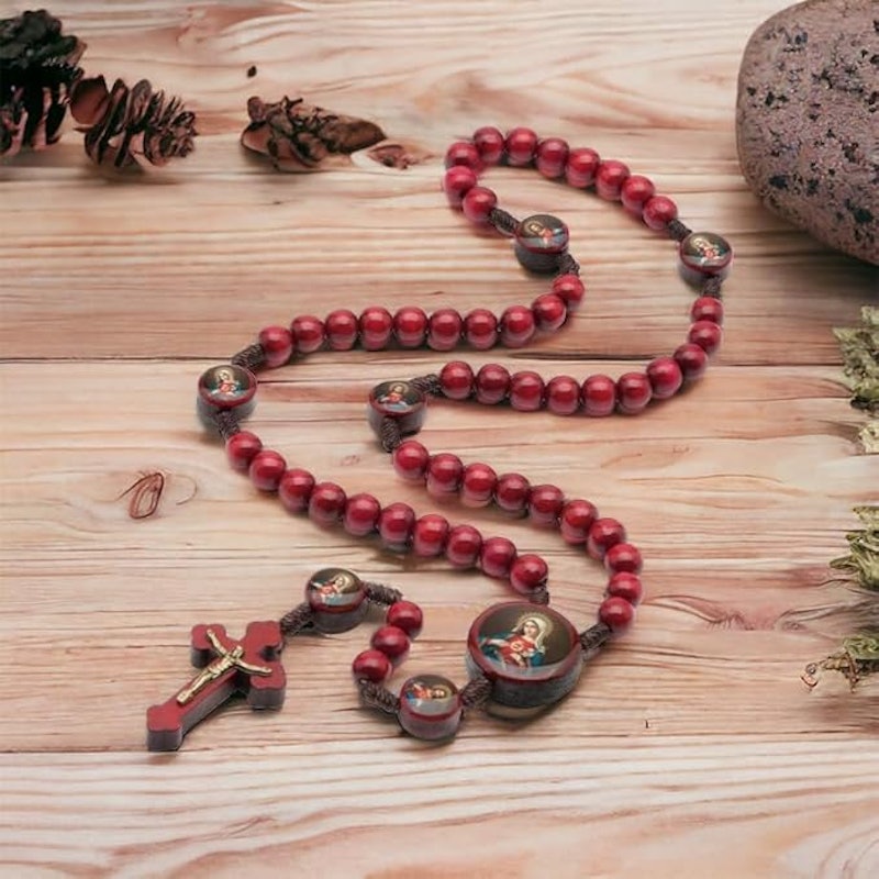 Terço Madeira Vermelho Coração Jesus/Maria 2