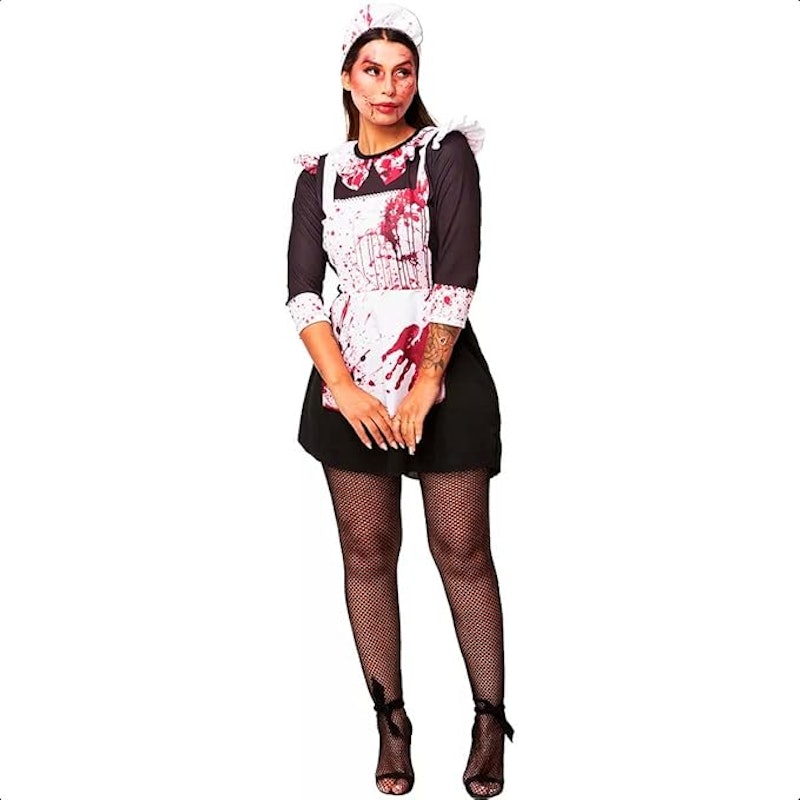 Fantasia Feminina Halloween de Terror com Sangue Vestido Empregada Assassina 1