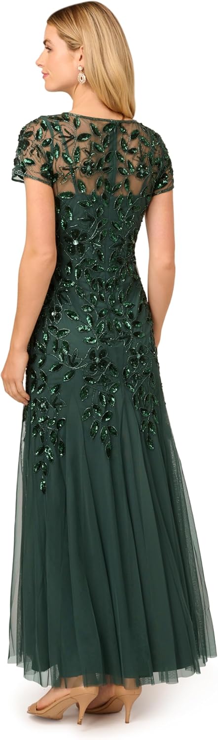 Vestido Godê Floral de Manga Curta com Bordados à Mão Esmeralda Acinzentado 2