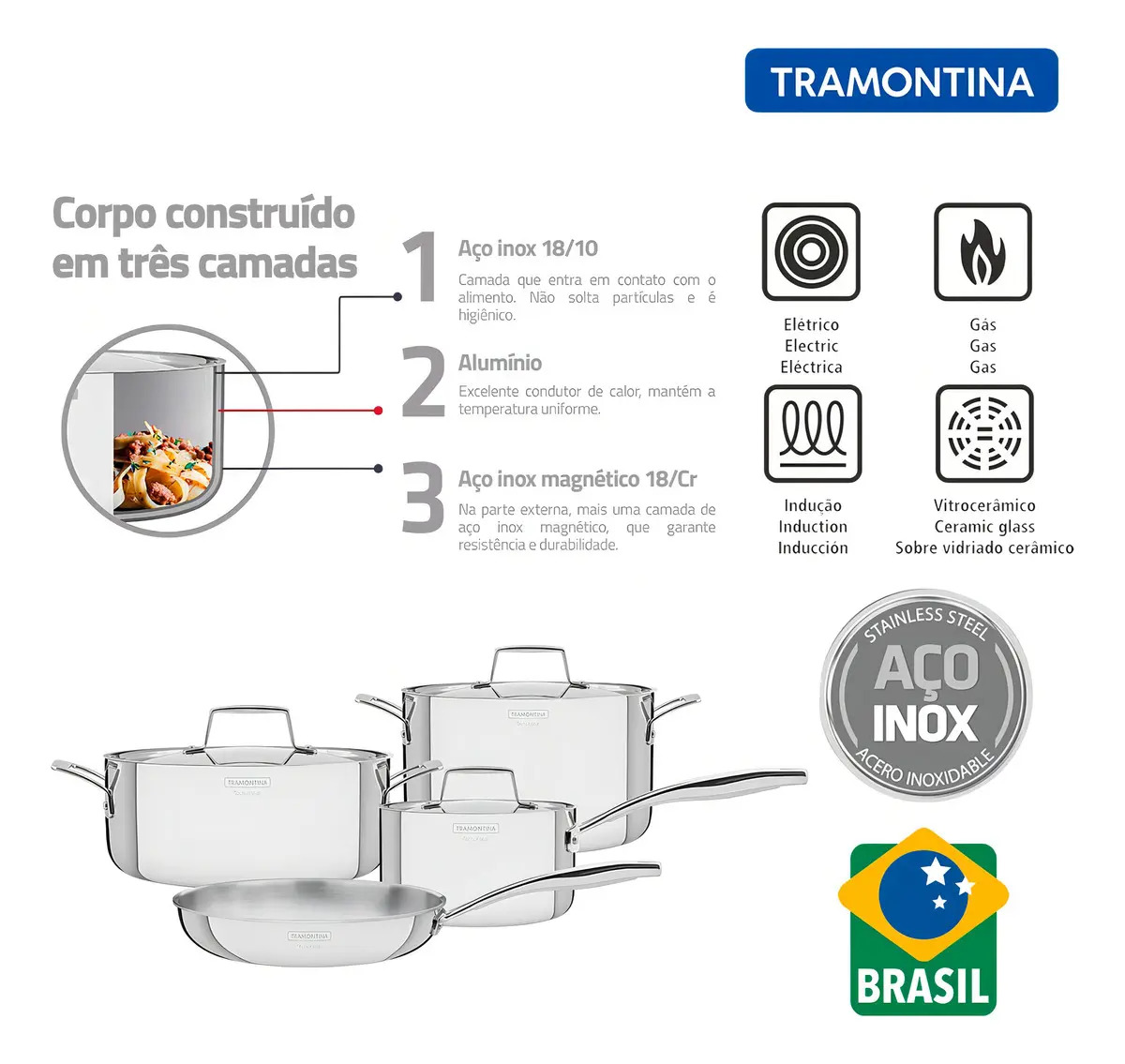 Jogo de Panelas Tramontina Grano em Aço Inox 4