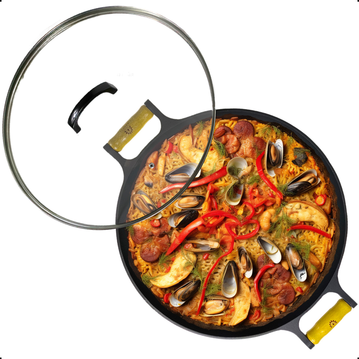 Frigideira Paella Alça de Madeira e Tampa de Vidro 2