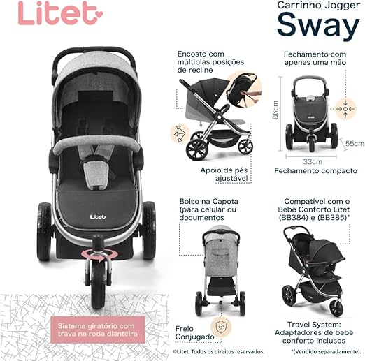 Carrinho Jogger Sway Três Rodas 0-15 kg Preto com Cinza Litet 3